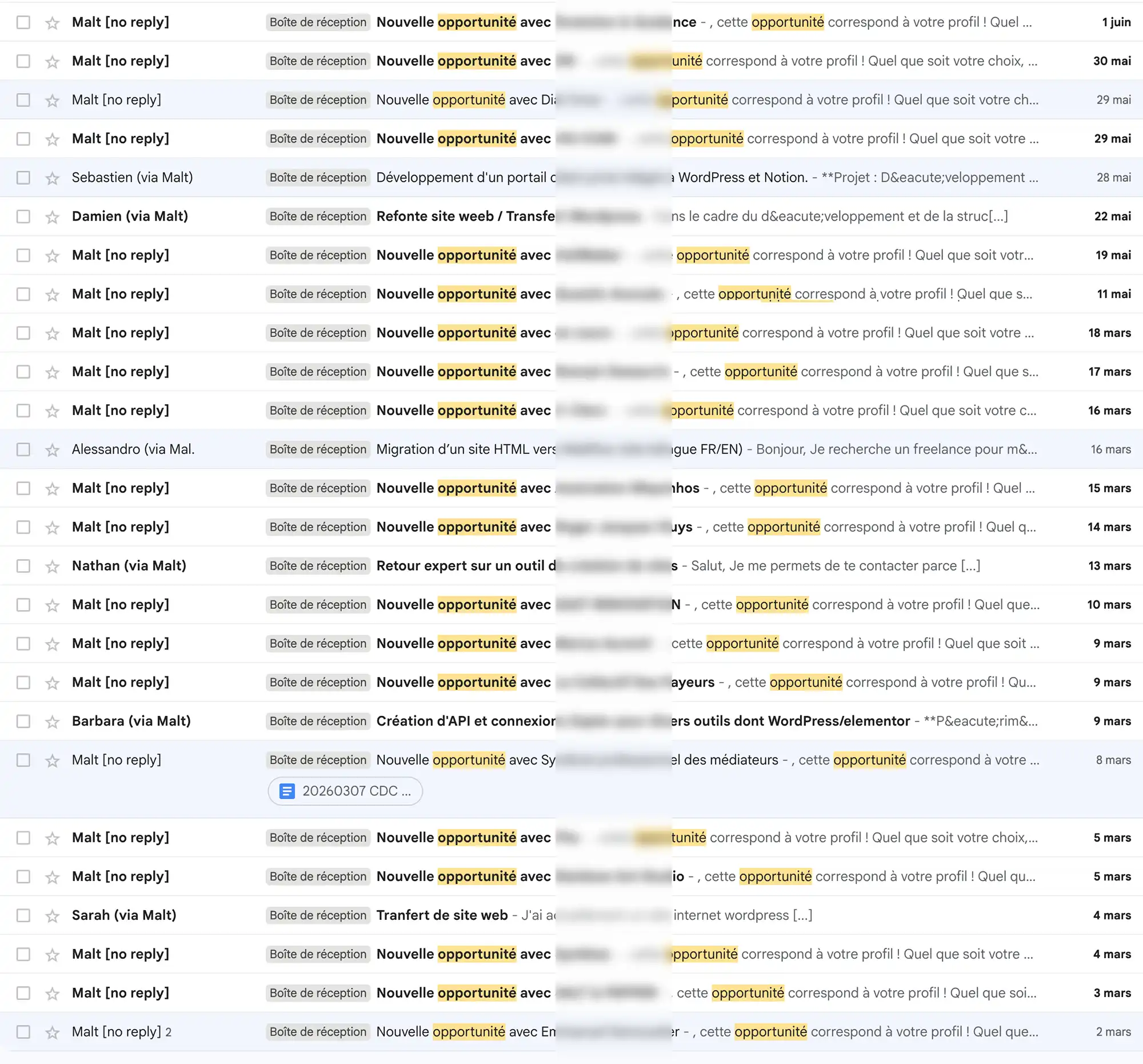 Boîte mail remplie de demandes de missions Malt